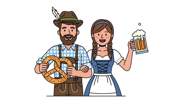 Bavarian Couple Celebrating: A joyful Bavarian man and woman dressed in traditional attire, holding a large pretzel and a frothy beer, ready for a festive celebration.