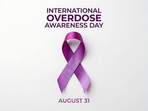 International overdose awareness day purple ribbon with date for health campaign and memorial events
