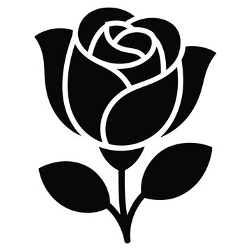 A simple black silhouette of a blooming rose flower with two leaves on a clean white background de