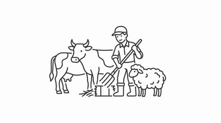 Obraz premium Farmer standing with cow and sheep in livestock ranch.