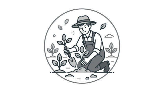 Farmer planting sapling emblem line art icon