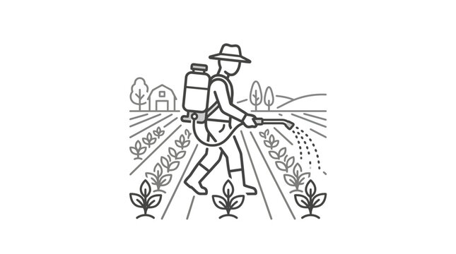Farmer spraying crops with backpack sprayer line art icon