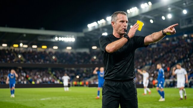 Professional soccer referee blowing whistle and showing a yellow card during a stadium match