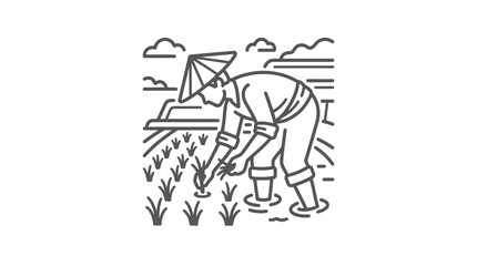 Obraz premium Illustration of farmer planting rice in flooded paddy field.