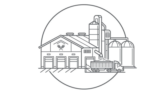 Industrial grain elevator facility with storage silos and truck.