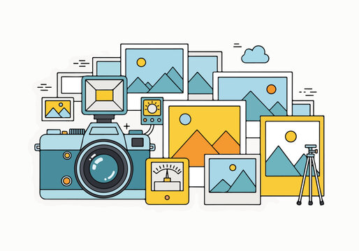 Colorful illustration of a camera and various photos