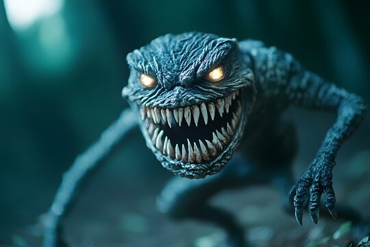 A monstrous figure with textured dark skin and a wide toothy grin dominates the foreground of a dark forest scene
