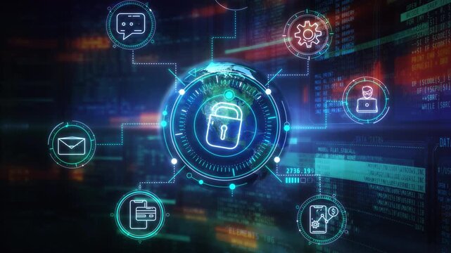 Coding and Data Protection Infographics with Cybersecurity Technology Interface