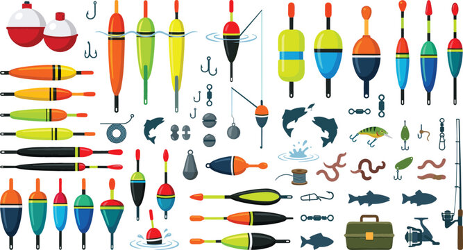Fishing tackle and float icon set with colorful bobbers hooks lures bait and gear vector illustration collection