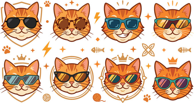 Cool ginger cat wearing sunglasses cartoon logo set featuring orange tabby feline faces badges and crowns