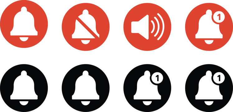 Notification bell and sound icon set with mute alert volume buttons in red and black circlesNotification bell and sound icon set with mute alert volume buttons in red and black circles