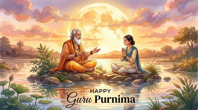 Traditional indian illustration for happy guru purnima showing a wise old sage teaching student by a scenic river