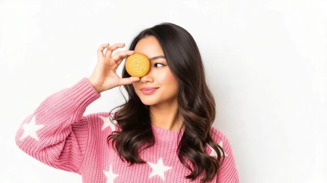 Young asian woman holding a cookie over her eye isolated on white background