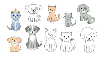 Fototapeta premium A collection of cute cartoon cats and dogs in various colors and outline styles, sitting on a white background.