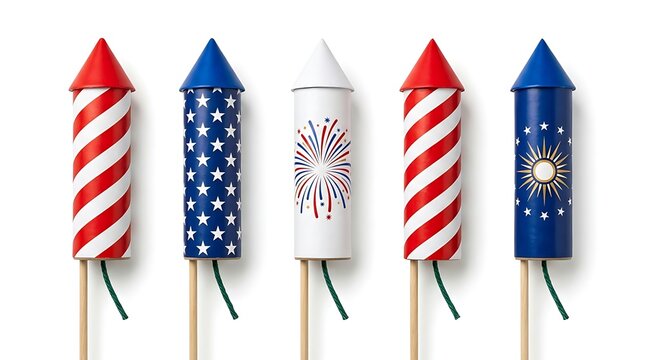 Five festive firework rockets with patriotic designs isolated on white background