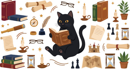 Cute black cat reading book sticker set with magic wizard library elements scrolls candles and stars © Sukhi