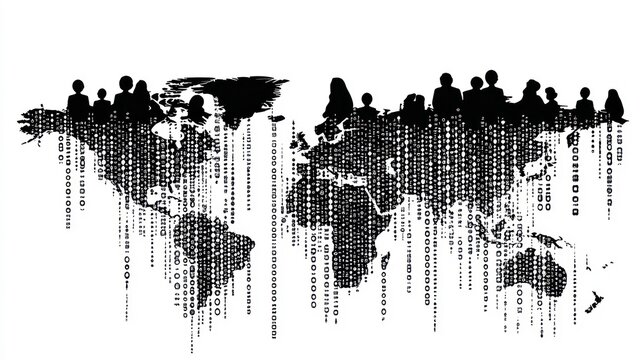 Global digital world map with people silhouettes.