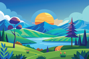 Fototapeta premium abstract natural landscape vector design with stylized trees and rolling hills