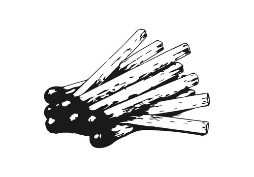 Simple hand drawn bunch of matches sketch, engraved wood fire matches illustration clip art.