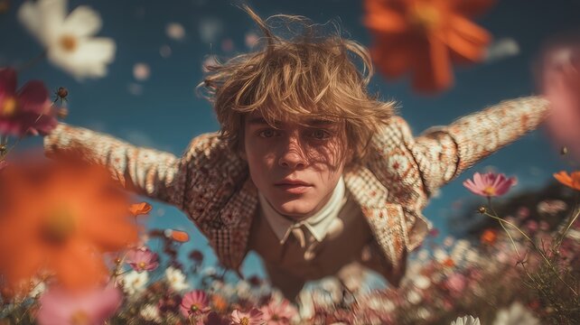 A young man hovering over a flower field. An illustration on the theme of dreams and feelings, mood and cinema.