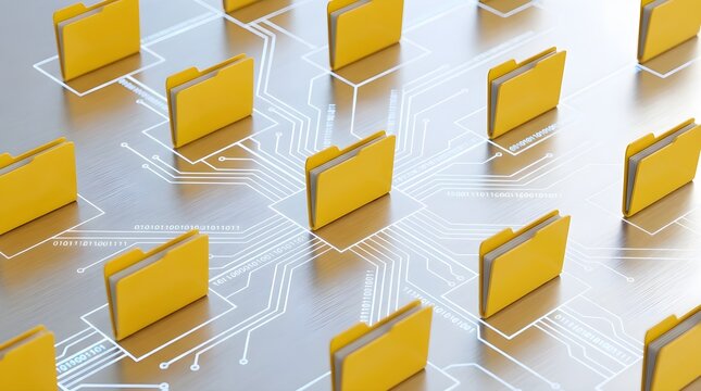 Digital Data Management: Yellow Folders on a Networked Circuit Board, Symbolizing Information Storage, Organization, and Secure Transfer.