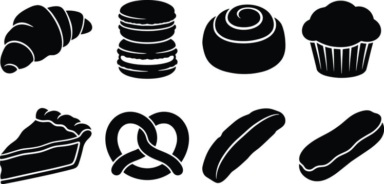 Collection of bakery and pastry silhouettes including croissant macaron cinnamon roll muffin pie pretzel and eclair isolated on white background