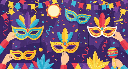 Colorful masquerade party scene with masks and confetti © Gani