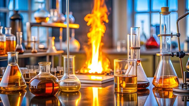 Laboratory glassware with yellow chemical liquid and bright orange fire burning in a round glass flask