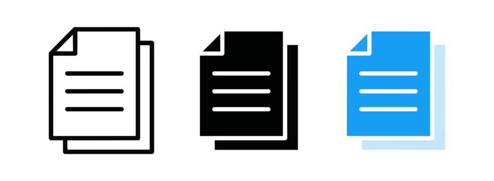 Modern flat design icons of three document files with subtle corner fold effects, minimalist style showing a plain white sheet, a bold black sheet, and a light blue sheet with