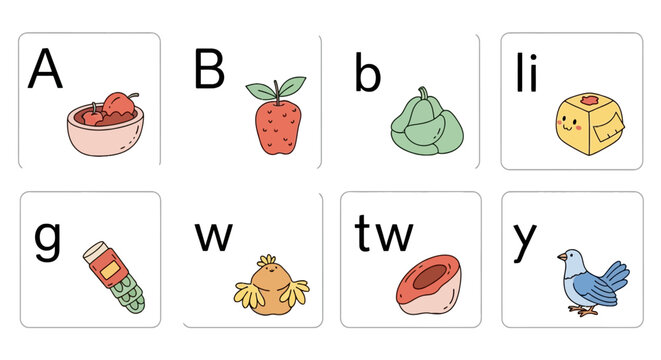 Educational alphabet flashcards with letters and cute illustrations
