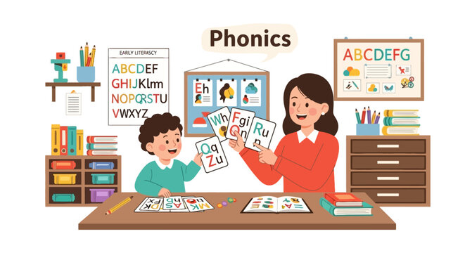 Teacher and student practicing phonics in a colorful classroom