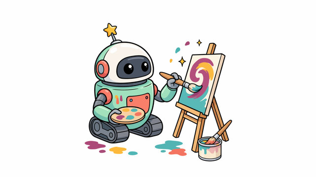 Robot painting colorful abstract art on canvas easel paintbrush palette paint