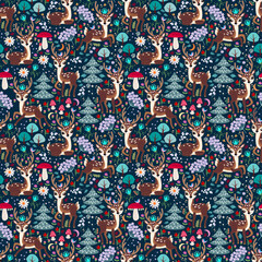 Fototapeta premium Seamless pattern with deer in beautiful forest full of trees, flowers, mushrooms