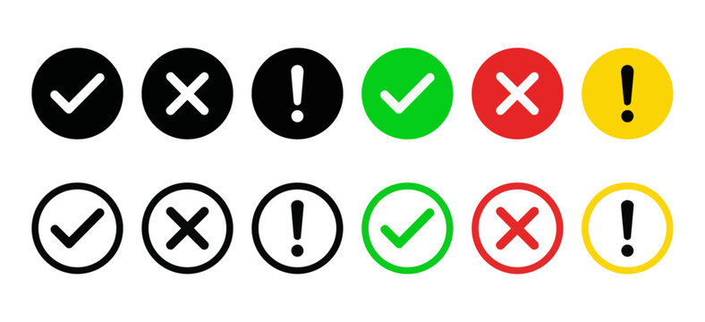 Vibrant circular icons featuring checkmark, cross, and exclamation symbols in bold black, green, white, red, and yellow colors arranged in two horizontal rows with solid and