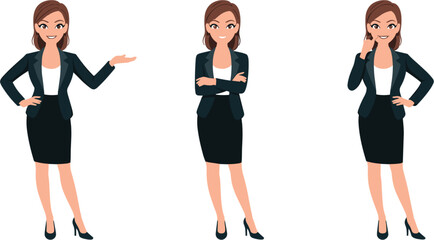 Fototapeta premium Professional businesswoman character collection vector, confident office employee presenting standing and thinking in elegant corporate attire illustration
