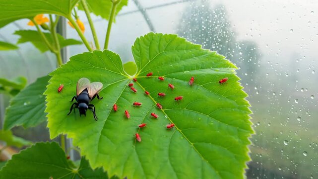 Predatory Mite Hunting Spider Mites on Greenhouse Leaves