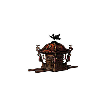 Ornate Wooden Mikoshi Shrine Float Topped With Phoenix Finial And Hanging Tassels Carrying Poles Vector Illustration