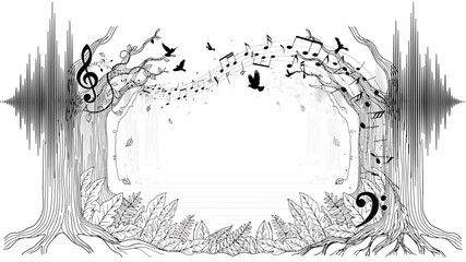 Music notes tree roots sound waves treble clef birds flying © Asad