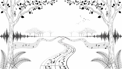 Obraz premium Musical notes road through trees landscape music sheet path black and white