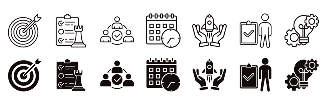 Action plan icon set. check and implementation vector illustration concept