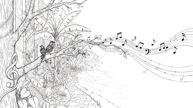 Monkey on tree branch with music notes black and white illustration drawing
