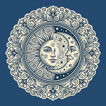 Sun and Moon faces embracing in circular pattern, celestial design