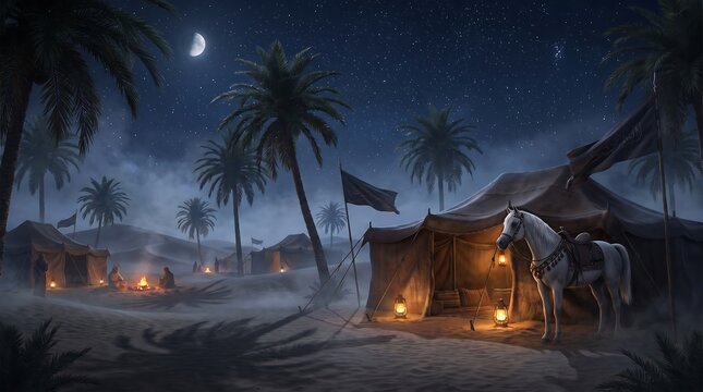 Ancient desert camp illuminated by early dawn light.