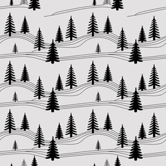 Fototapeta premium Black pine trees on wavy hills landscape illustration vector graphic design