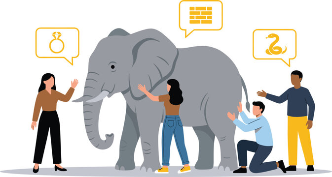 Vector illustration of diverse people touching an elephant representing different perspectives and subjective reality concept