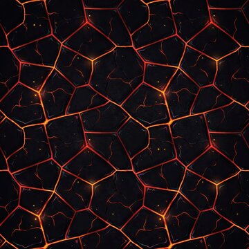 Seamless texture of dark volcanic rock with glowing orange magma cracks, molten lava flowing between jagged stone plates, hot surface pattern