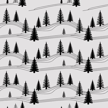 Black pine trees on wavy hills landscape illustration vector graphic design
