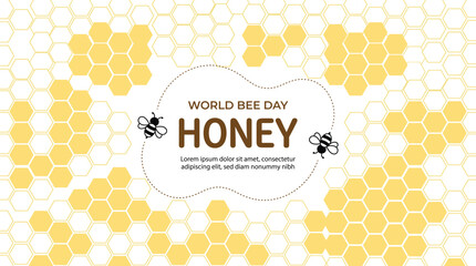 World Bee Day honey banner template with yellow honeycomb background and cute bees vector illustration © Arif Ahmed