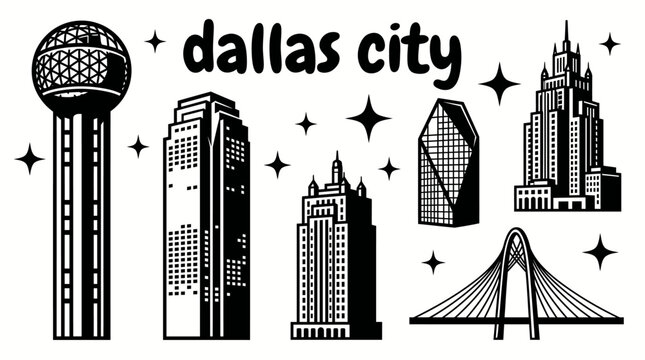 dallas city skyline urban architecture downtown landmark set collection travel tourism america usa landscape historic destination famous district with texas reunion tower sunset