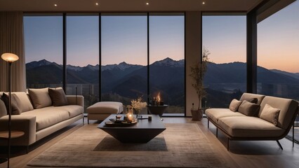 Fototapeta premium Sophisticated living room with a breathtaking panoramic mountain sunset view, offering serene elegance and cozy comfort